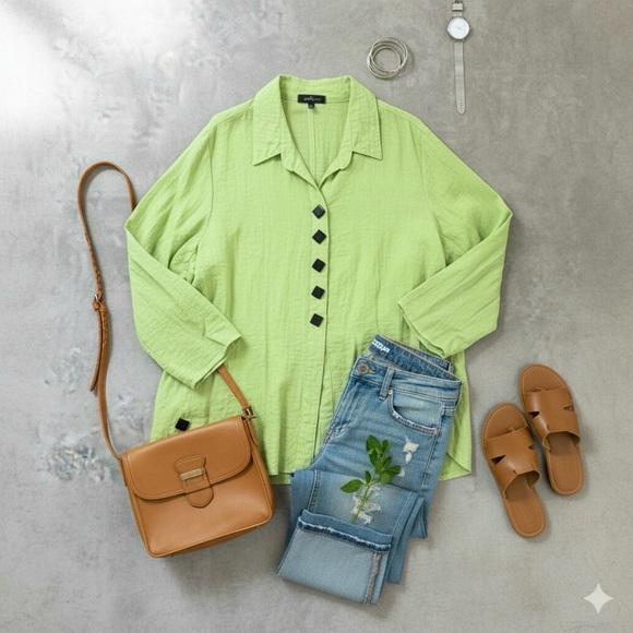 Yushi Top 2XL Green Art To Wear Funky Lagenlook  Button Up Long Sleeve Shirt - Picture 1 of 8